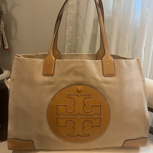 👜 Tory Burch Canvas & Leather Large Ella Tote – Natural/Tan - Picture 1 of 4